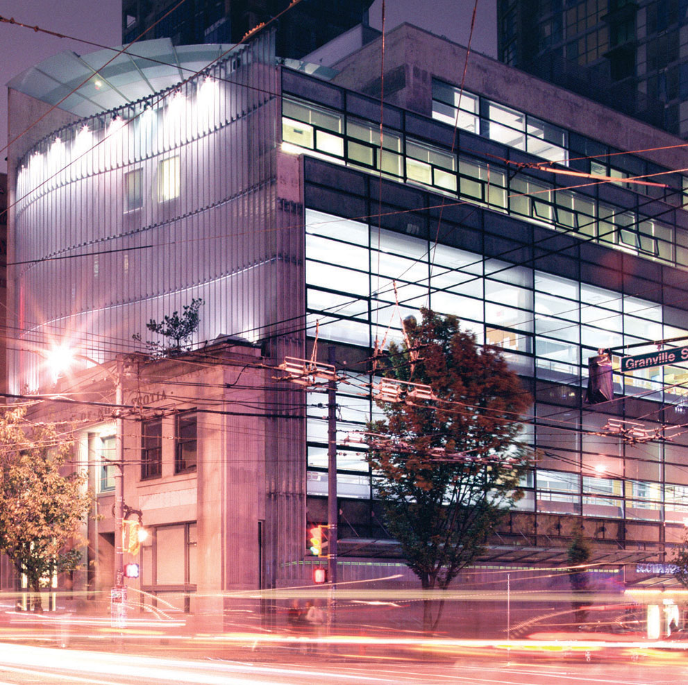 Exterior of the Scotiabank Dance Centre building at night
