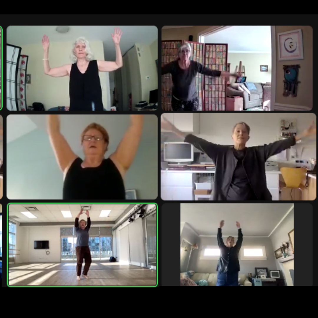 Zoom collage of six squares, each has an older person dancing in their homes with their arms extended. The bottom left square is the teacher in a sunny studio.