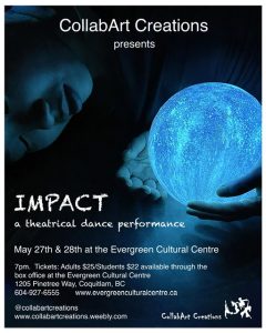 Poster for "Impact" from CollabArt Creations. A blue orb is held in two hands with a female head looking at it from behind