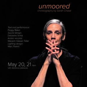 Poster for "unmoored" a woman with grey hair stands with her fingers entwined up near her mouth. She is wearing a black shirt.