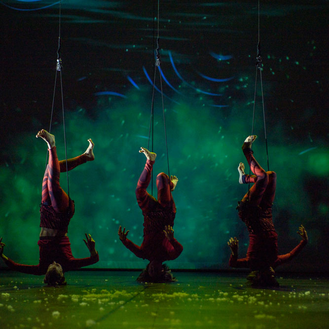 Three aerial dance artist hang upside down near the floor. They are wearing red leggings, skirts and shirts and are all looking up towards their equipment. The floor and the background are both green.