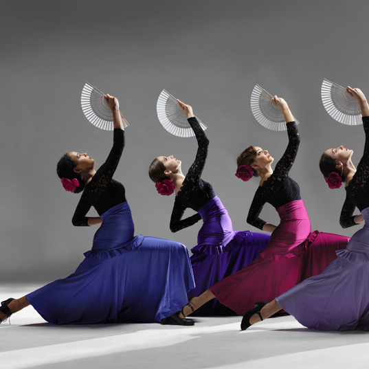Four Flamenco dancers pose in a low forward lunge on a white stage. They are all wearing high waist flamenco skirts, three in shades of purple, one pink. They have long sleeve black tops, black flamenco shoes and pink flowers in their hair. They are holding fans in their left arms, reaching up above their heads.