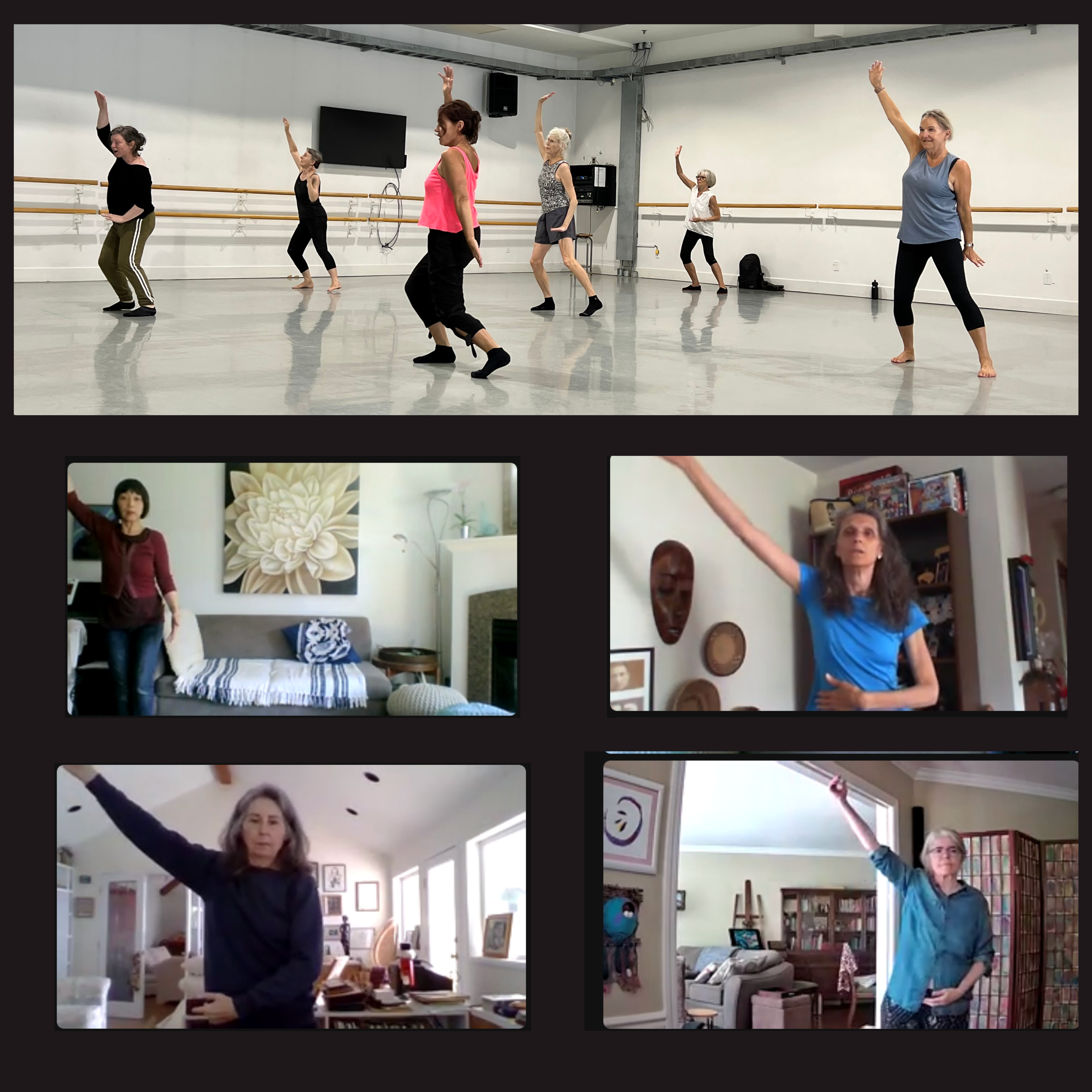 Photo collage: the top image is Six dancers in a bright studio. They are all wearing rehearsal clothing and are facing towards the mirror, slightly away from the camera. They have their right arms up in the air and their knees slightly bent. Their body's are slightly arched in a exuberant fashion. Under this is a collage of four Zoom screens of people dancing in living rooms. They have their right arms reaching upwards. Their left arms are down across their stomachs.