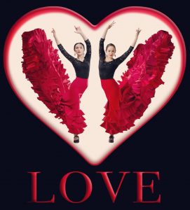 Poster for Karen Flamenco performance "Love" Two dance artists pose with their arms extended and their long skirts thrown upwards. They have been pasted into a large heart with the word "Love" beneath them on a black background.