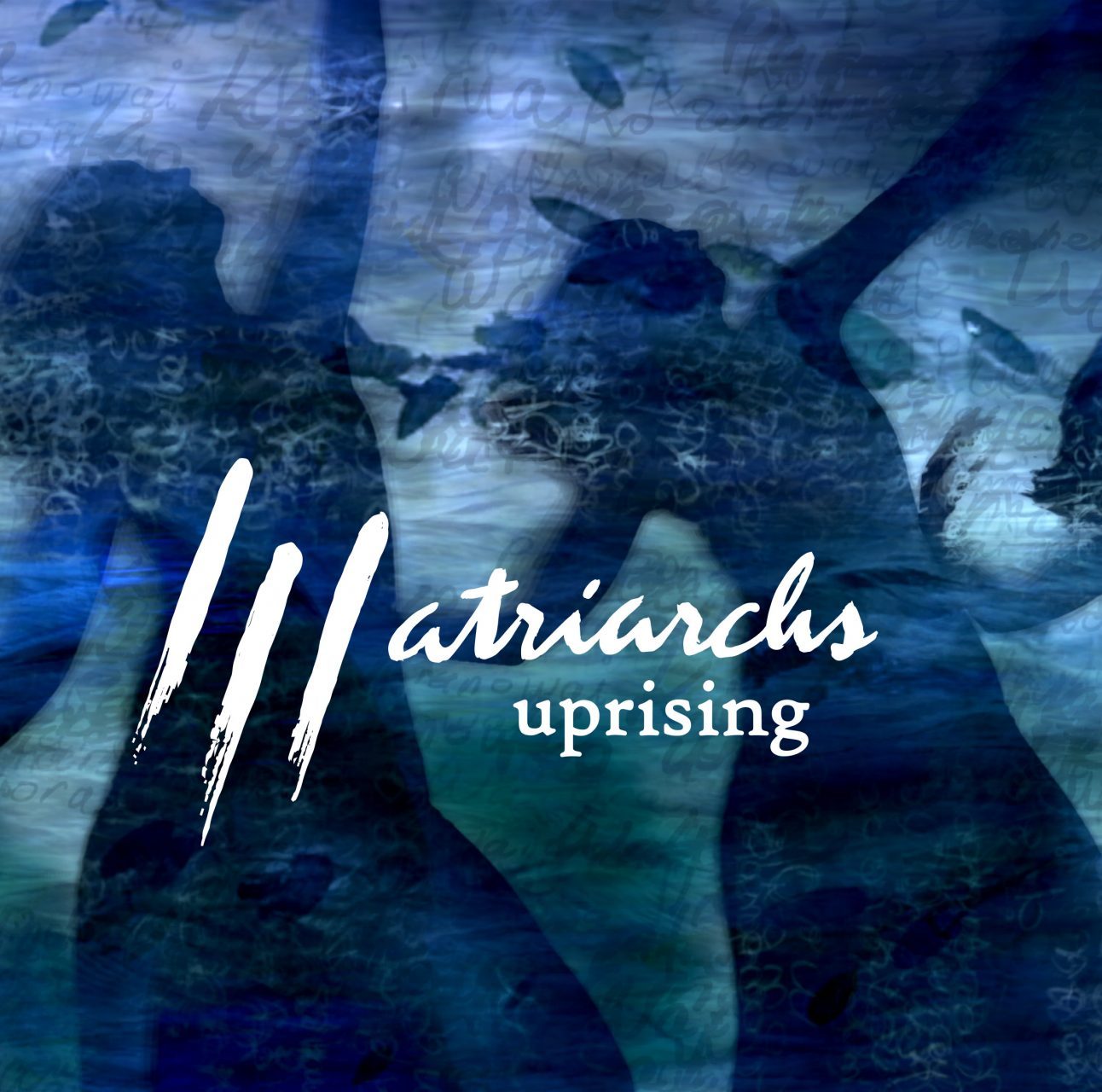 Poster for Matriarchs Uprising 2024: the silhouette of two dance artists with words, shapes and a blue tint overlaid as well as the Matriarchs Uprising logo