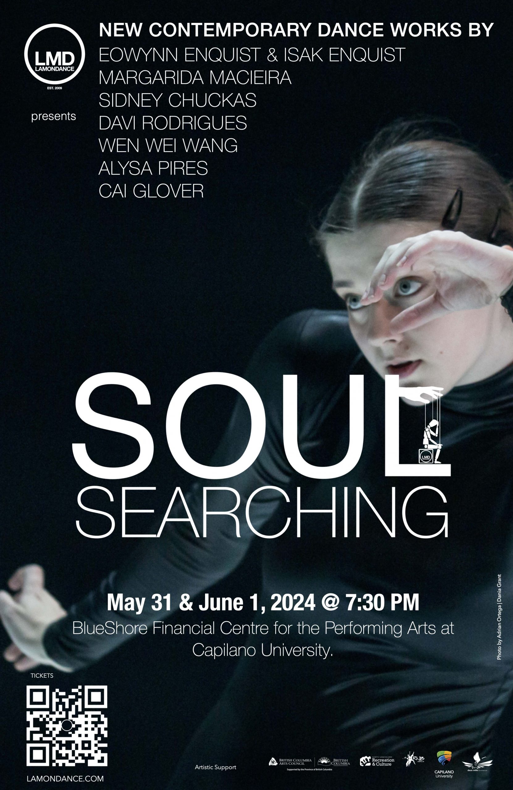 Poster from Lamondance event Soul Searching. A dance artist wearing all black poses with one hand in front of their eye and the other extended outwards. There is a QR code, donor logos and text about the artists performing present on the poster