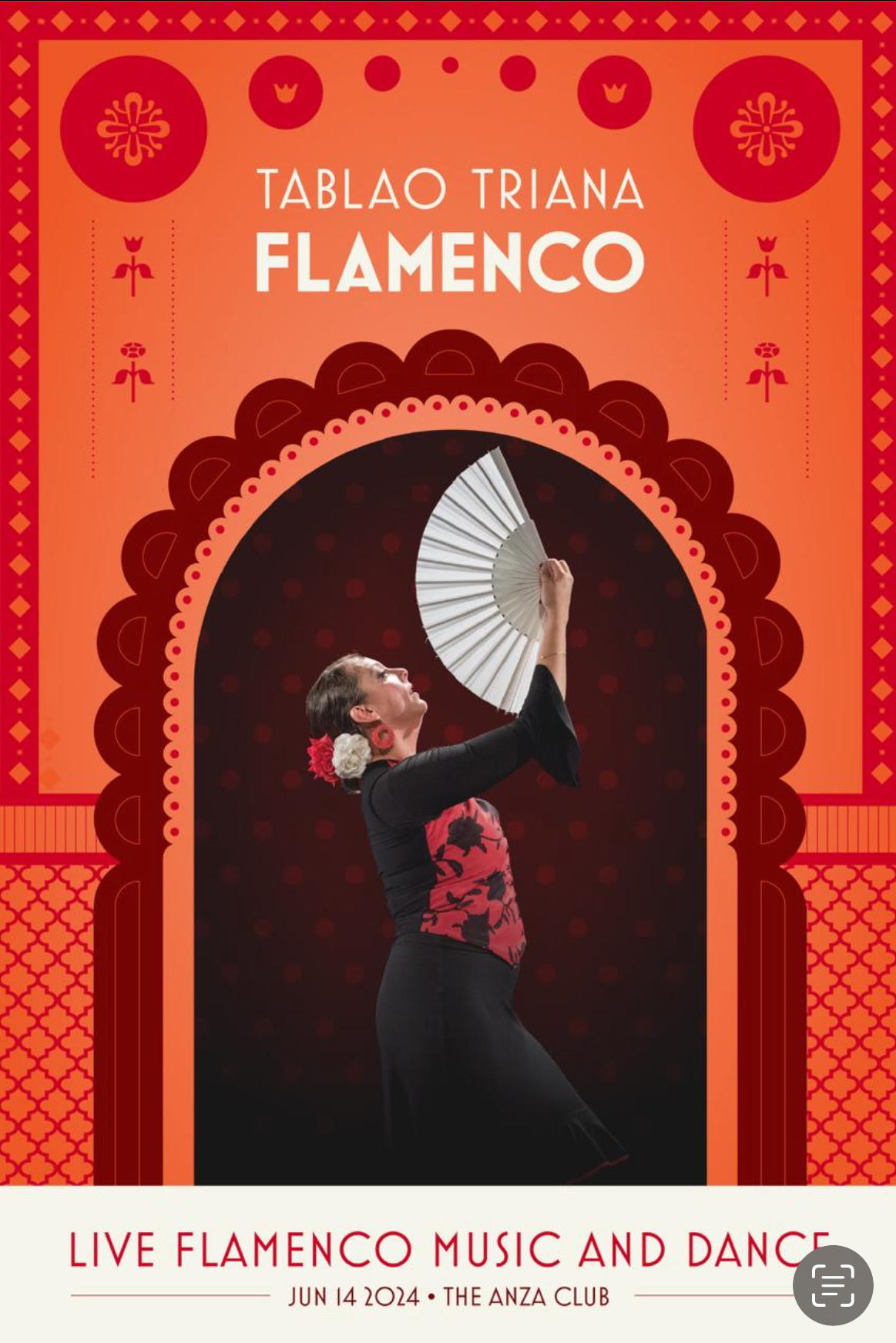 Poster for Tablao Triana Flamenco Live Music and Dance June 2024: a flamenco dance artist poses with a fan surrounded by orange and red graphics
